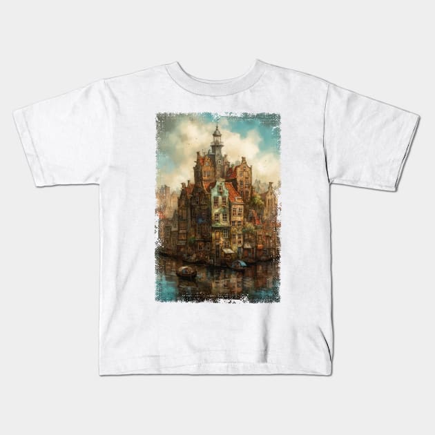 Steampunk Amsterdam Skyline Kids T-Shirt by erzebeth